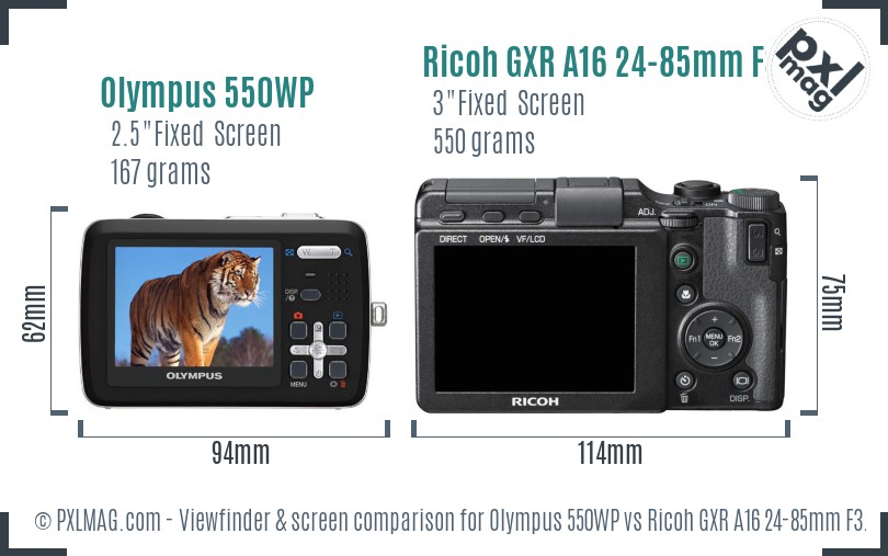 Olympus 550WP vs Ricoh GXR A16 24-85mm F3.5-5.5 Screen and Viewfinder comparison