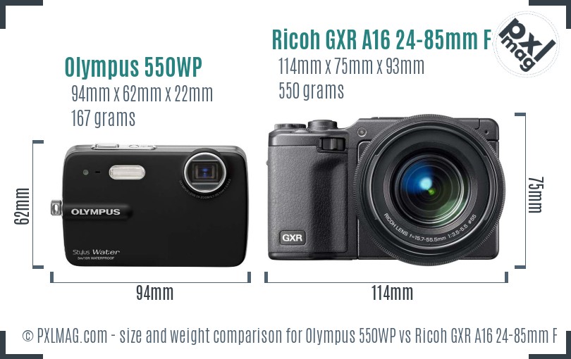 Olympus 550WP vs Ricoh GXR A16 24-85mm F3.5-5.5 size comparison