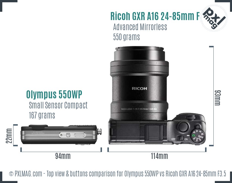 Olympus 550WP vs Ricoh GXR A16 24-85mm F3.5-5.5 top view buttons comparison