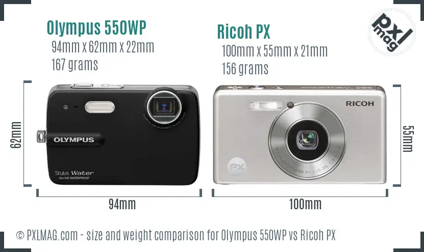 Olympus 550WP vs Ricoh PX size comparison