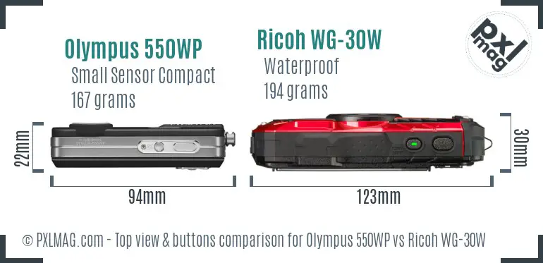 Olympus 550WP vs Ricoh WG-30W top view buttons comparison