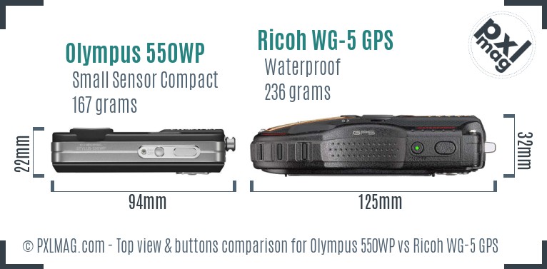 Olympus 550WP vs Ricoh WG-5 GPS top view buttons comparison