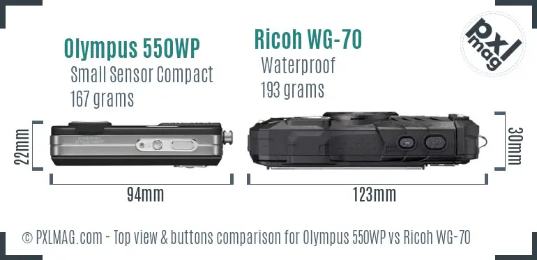Olympus 550WP vs Ricoh WG-70 top view buttons comparison Olympus 550WP vs Ricoh WG-70 top view buttons comparison