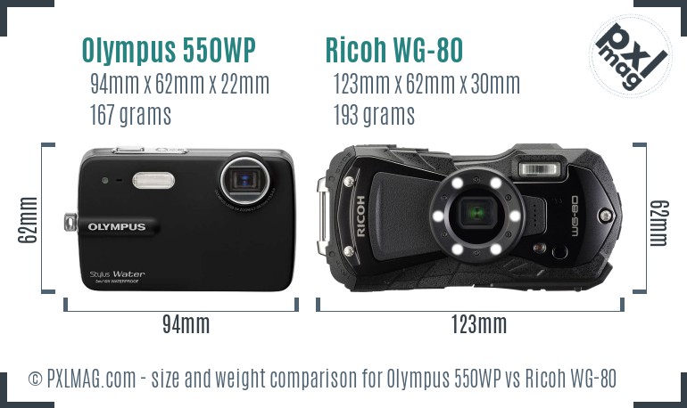 Olympus 550WP vs Ricoh WG-80 size comparison