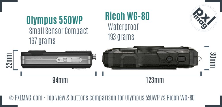 Olympus 550WP vs Ricoh WG-80 top view buttons comparison