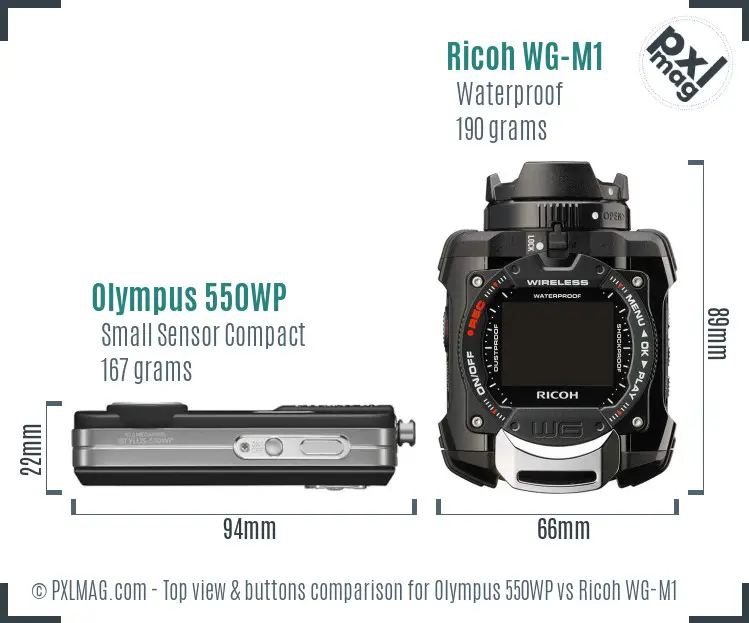 Olympus 550WP vs Ricoh WG-M1 top view buttons comparison