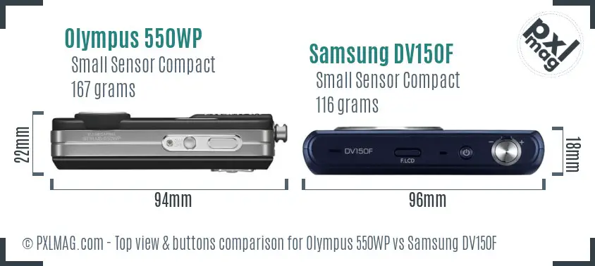Olympus 550WP vs Samsung DV150F top view buttons comparison Olympus 550WP vs Samsung DV150F top view buttons comparison