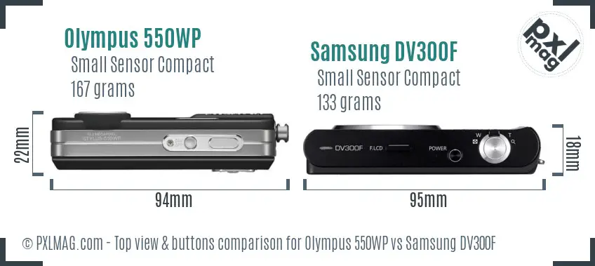 Olympus 550WP vs Samsung DV300F top view buttons comparison Olympus 550WP vs Samsung DV300F top view buttons comparison