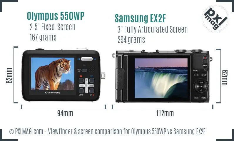 Olympus 550WP vs Samsung EX2F Screen and Viewfinder comparison