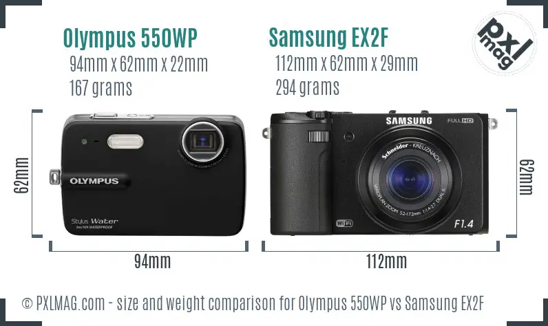 Olympus 550WP vs Samsung EX2F size comparison