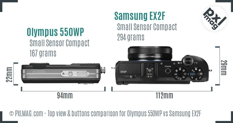 Olympus 550WP vs Samsung EX2F top view buttons comparison
