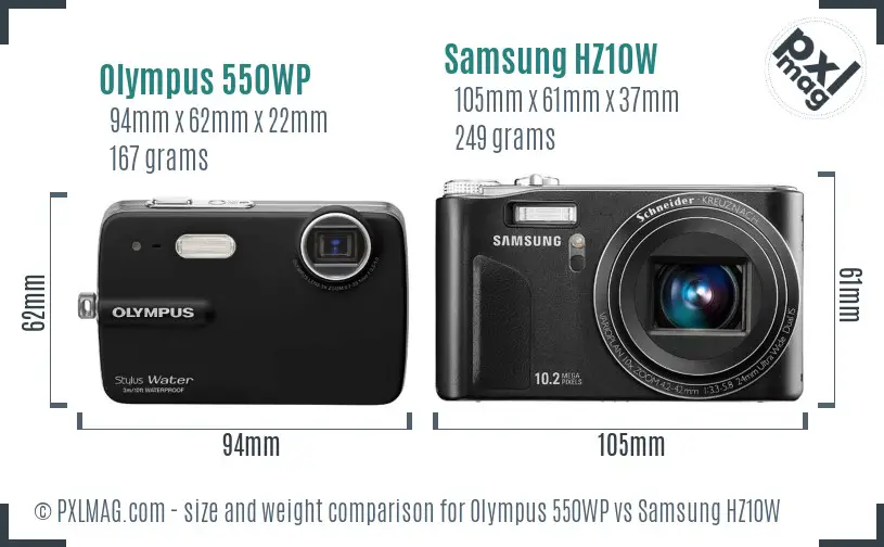 Olympus 550WP vs Samsung HZ10W size comparison
