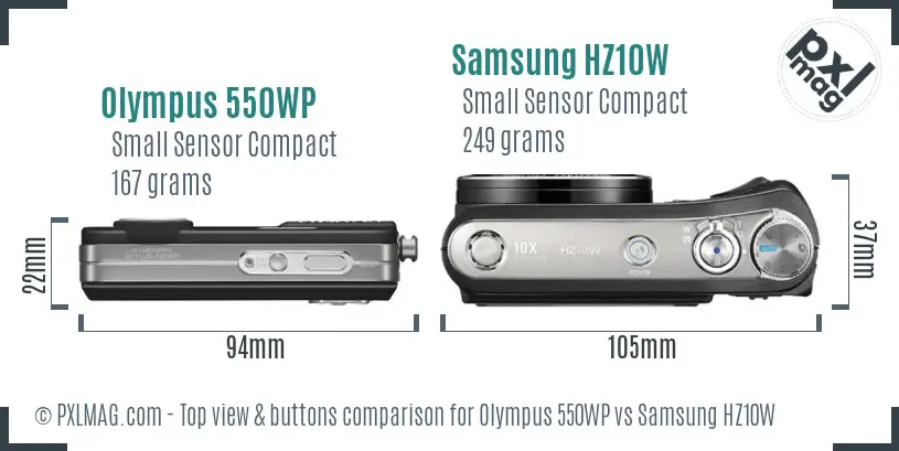 Olympus 550WP vs Samsung HZ10W top view buttons comparison