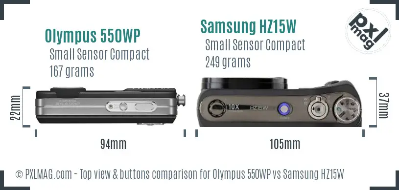 Olympus 550WP vs Samsung HZ15W top view buttons comparison Olympus 550WP vs Samsung HZ15W top view buttons comparison