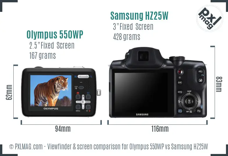 Olympus 550WP vs Samsung HZ25W Screen and Viewfinder comparison