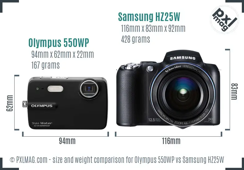 Olympus 550WP vs Samsung HZ25W size comparison