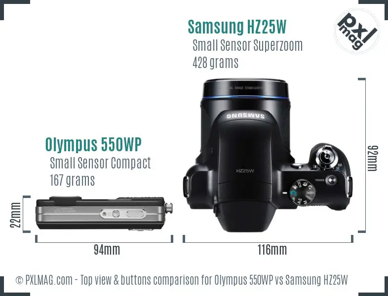 Olympus 550WP vs Samsung HZ25W top view buttons comparison