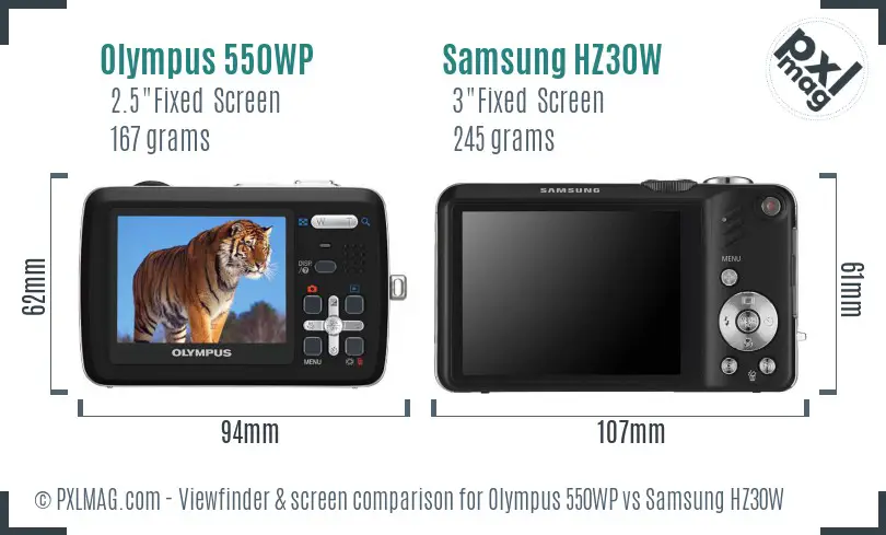 Olympus 550WP vs Samsung HZ30W Screen and Viewfinder comparison