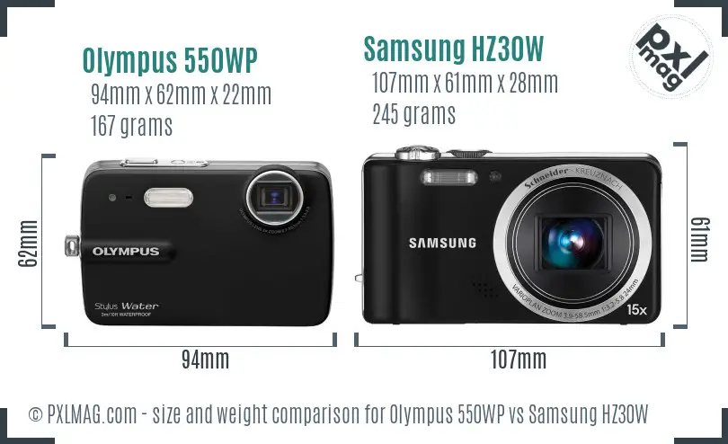 Olympus 550WP vs Samsung HZ30W size comparison