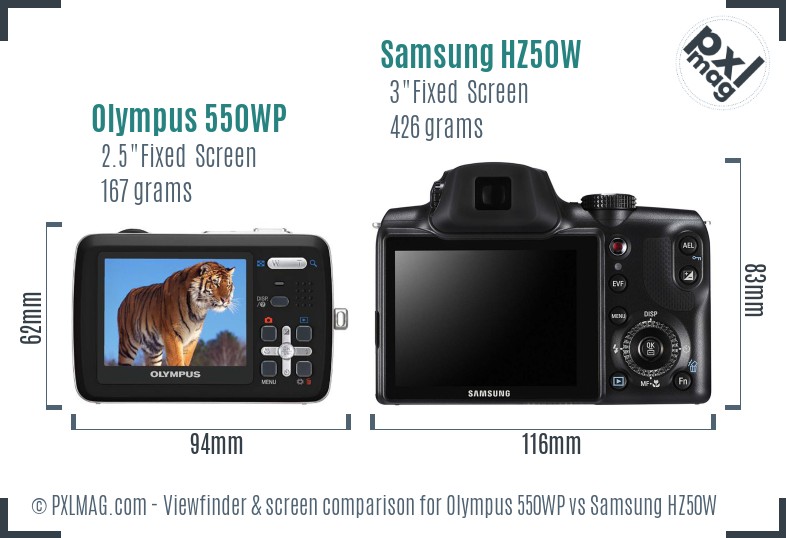 Olympus 550WP vs Samsung HZ50W Screen and Viewfinder comparison