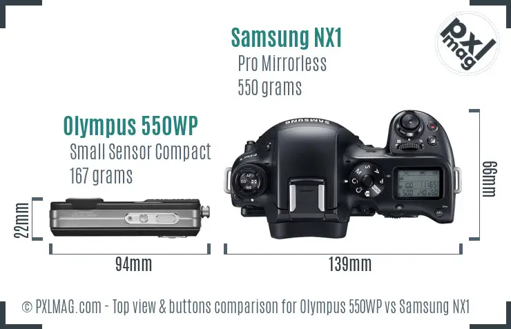 Olympus 550WP vs Samsung NX1 top view buttons comparison Olympus 550WP vs Samsung NX1 top view buttons comparison