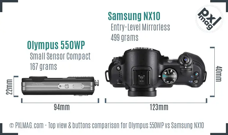 Olympus 550WP vs Samsung NX10 top view buttons comparison Olympus 550WP vs Samsung NX10 top view buttons comparison