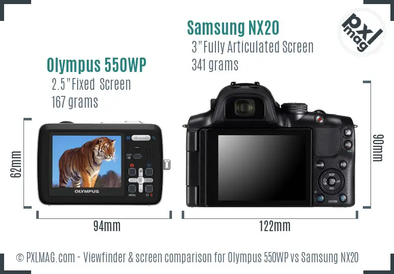 Back display screens comparison: Olympus 550WP fixed 2.5" LCD vs Samsung NX20 articulated 3" OLED screen