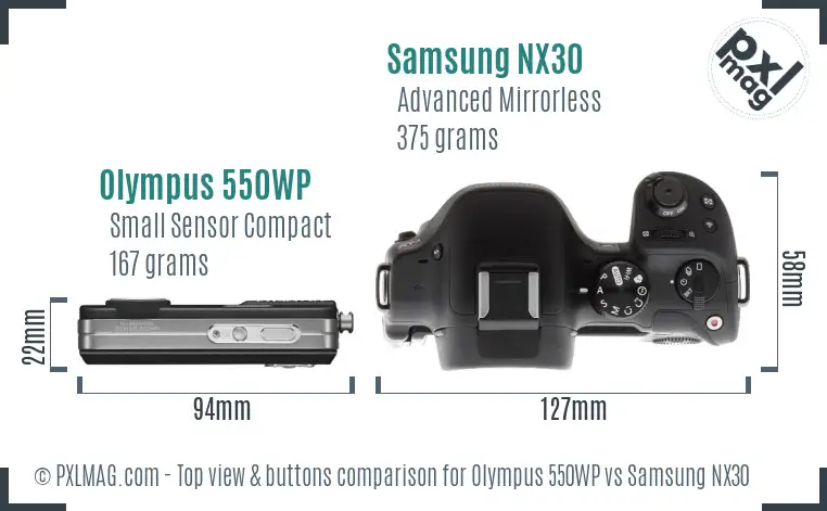 Olympus 550WP vs Samsung NX30 top view buttons comparison