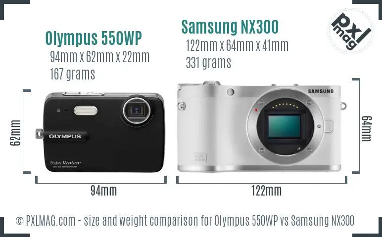 Olympus 550WP vs Samsung NX300 size comparison