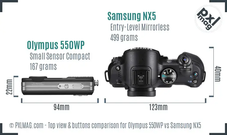 Olympus 550WP vs Samsung NX5 top view buttons comparison