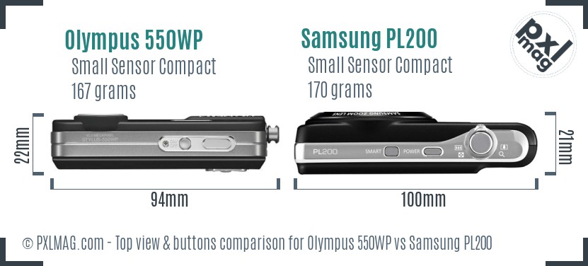 Olympus 550WP vs Samsung PL200 top view buttons comparison