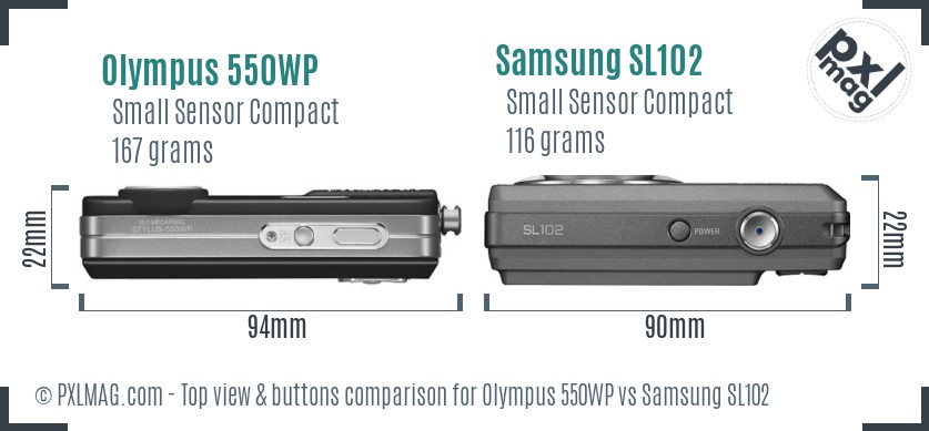 Olympus 550WP vs Samsung SL102 top view buttons comparison