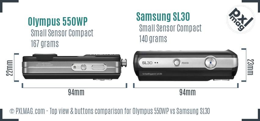 Olympus 550WP vs Samsung SL30 top view buttons comparison