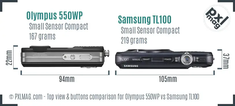 Olympus 550WP vs Samsung TL100 top view buttons comparison
