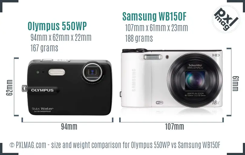 Olympus 550WP vs Samsung WB150F size comparison