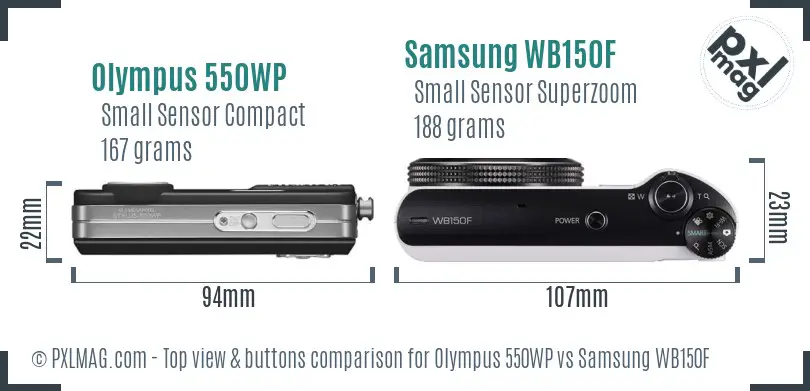 Olympus 550WP vs Samsung WB150F top view buttons comparison