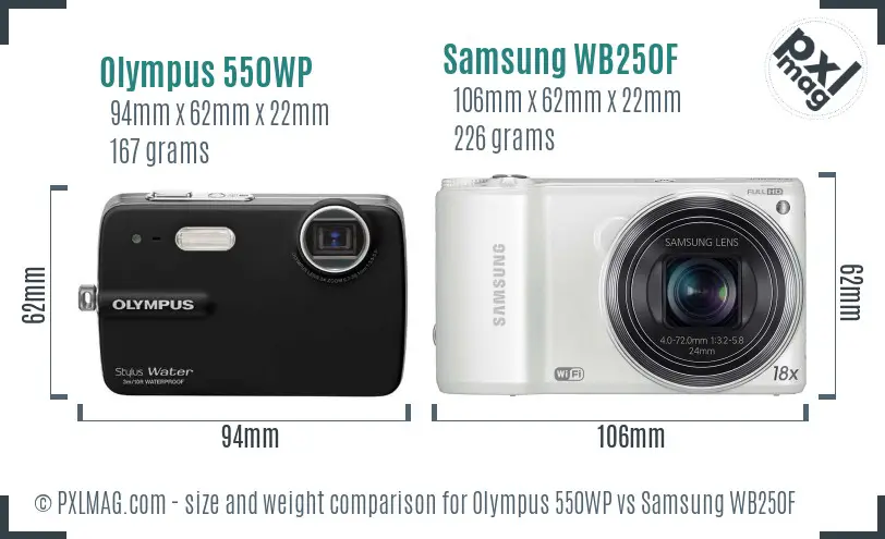 Olympus 550WP vs Samsung WB250F size comparison Olympus 550WP vs Samsung WB250F size comparison