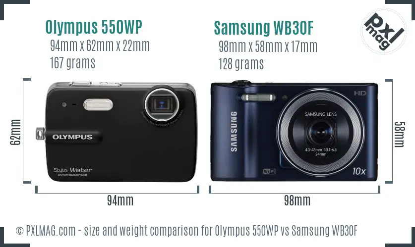Olympus 550WP vs Samsung WB30F size comparison