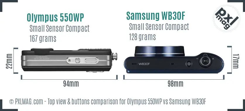 Olympus 550WP vs Samsung WB30F top view buttons comparison