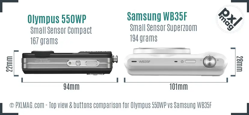 Olympus 550WP vs Samsung WB35F top view buttons comparison