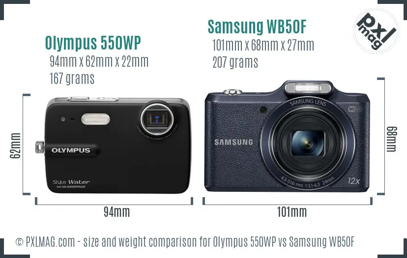 Olympus 550WP vs Samsung WB50F size comparison