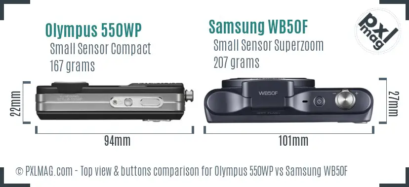 Olympus 550WP vs Samsung WB50F top view buttons comparison