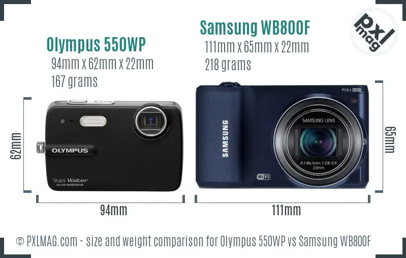 Olympus 550WP vs Samsung WB800F size comparison