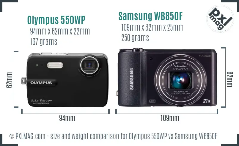 Olympus 550WP vs Samsung WB850F size comparison