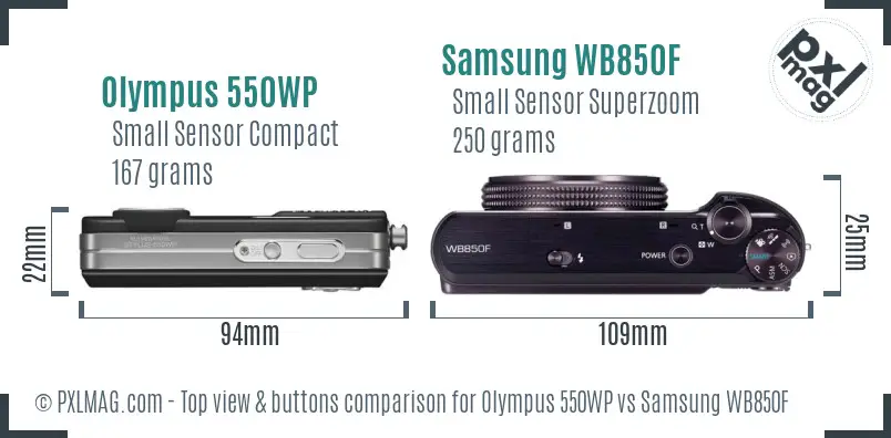 Olympus 550WP vs Samsung WB850F top view buttons comparison