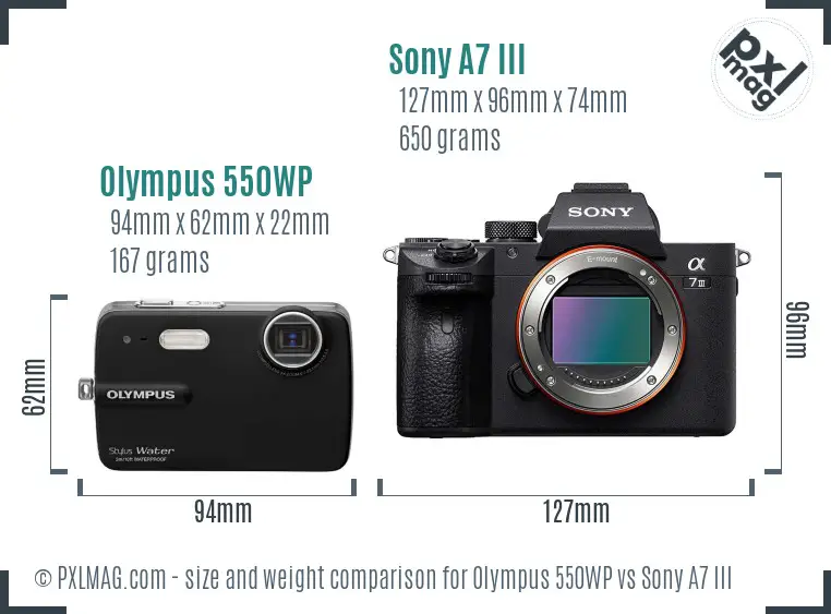 Olympus 550WP vs Sony A7 III size comparison