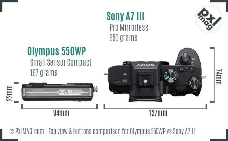 Olympus 550WP vs Sony A7 III top view buttons comparison