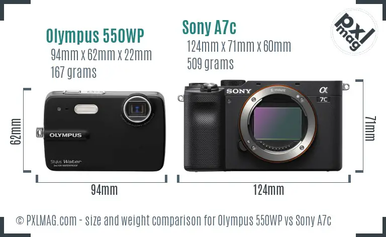 Olympus 550WP vs Sony A7c size comparison