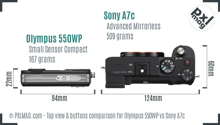 Olympus 550WP vs Sony A7c top view buttons comparison