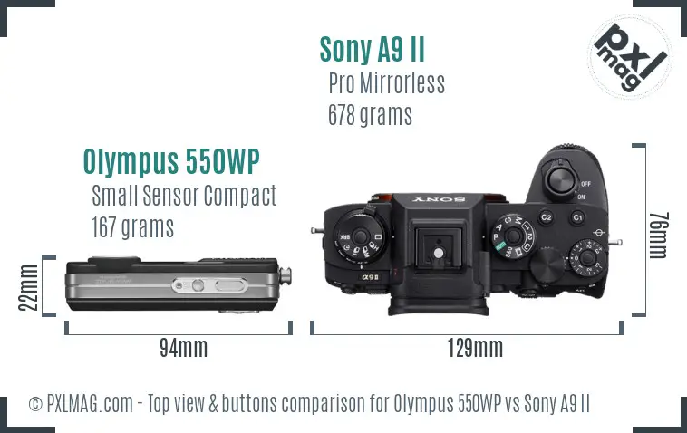 Olympus 550WP vs Sony A9 II top view buttons comparison